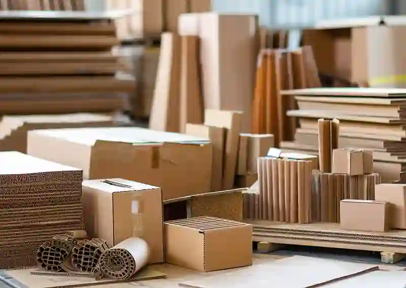Produits et emballages en carton exposés dans un atelier de transformation.