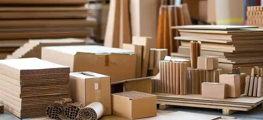 Produits et emballages en carton exposés dans un atelier de transformation.