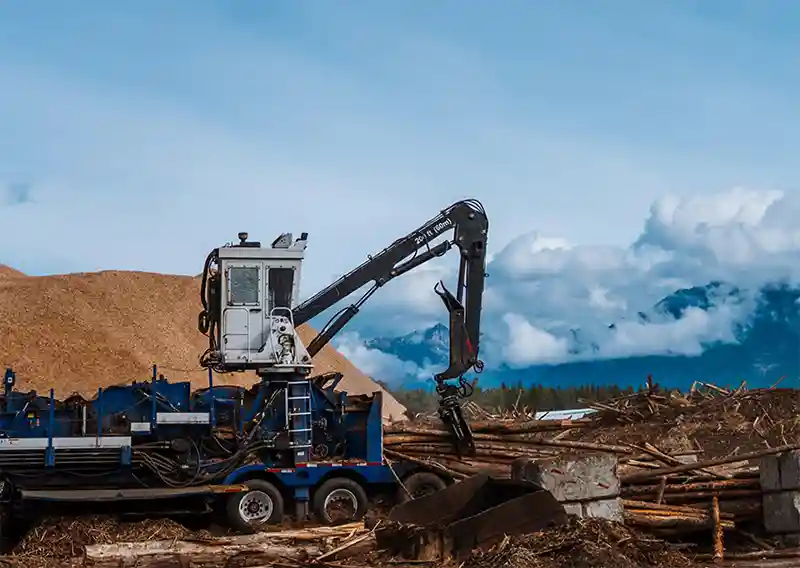 Installation de déchiquetage de Canfor à Skookumchuck (Colombie-Britannique), transformant des billes en copeaux