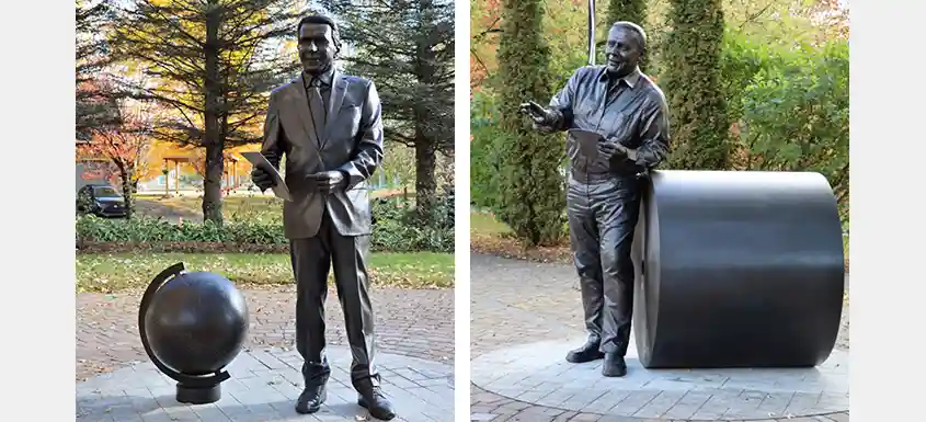 Deux statues en bronze à l’effigie de Laurent et d’Alain Lemaire, cofondateurs de Cascades