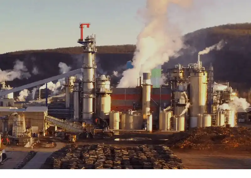 Usine de pâte à papier Fibre Excellence avec stockage de bois et installations industrielles en France